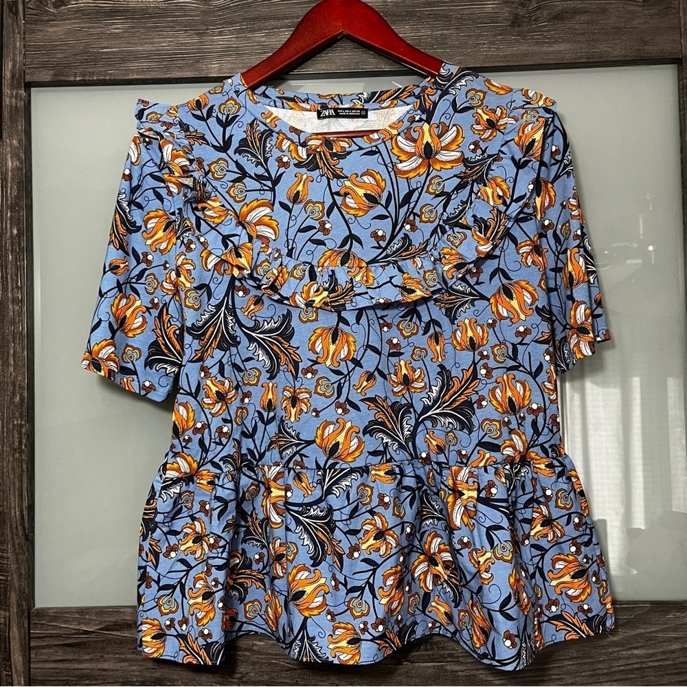 Zara Blue and Orange Floral Ruffle Peplum Top 100% Cotton Cottagecore Large